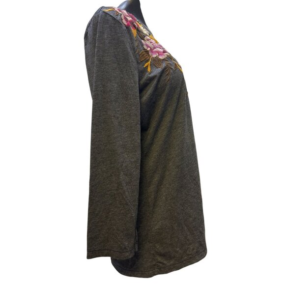 Johnny Was Embroidered Floral V-Neck Long Sleeve Gray Shirt M - Picture 3 of 6